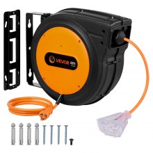 VEVOR Retractable Extension Cord Reel, 65 FT, Heavy Duty 12AWG/3C SJTOW Retractable Power Cord with Lighted Triple Tap Outlet, 15 Amp Circuit Breaker 180° Swivel Bracket for Ceiling or Wall Mount
