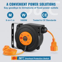 VEVOR Retractable Extension Cord Reel Power Cord Reel 9 m 1000W 1 m Lead-in Cord