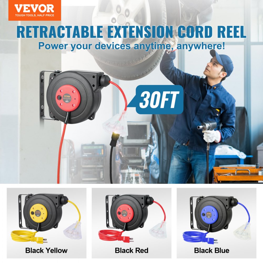 VEVOR Retractable Extension Cord Reel, 30 FT, Heavy Duty 16AWG/3C SJTOW Retractable Power Cord Reel with Lighted Triple Tap Outlet 10 Amp Circuit Breaker 4.5FT Lead-in Cord, for Ceiling or Wall Mount