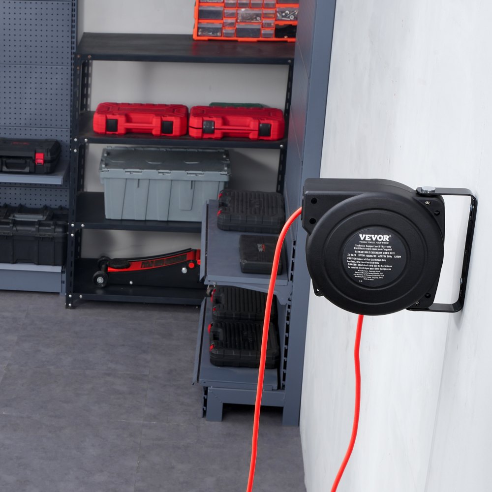 VEVOR Retractable Extension Cord Reel, 30 FT, Heavy Duty 16AWG/3C SJTOW Retractable Power Cord Reel with Lighted Triple Tap Outlet 10 Amp Circuit Breaker 4.5FT Lead-in Cord, for Ceiling or Wall Mount