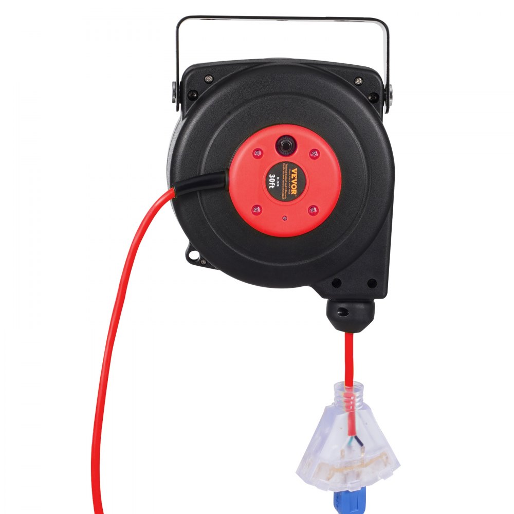 VEVOR Retractable Extension Cord Reel, 30 FT, Heavy Duty 16AWG/3C SJTOW Retractable Power Cord Reel with Lighted Triple Tap Outlet 10 Amp Circuit Breaker 4.5FT Lead-in Cord, for Ceiling or Wall Mount