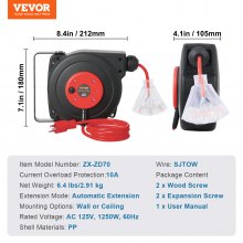 VEVOR Retractable Extension Cord Reel Power Cord Reel 30FT 16AWG/3C SJTOW