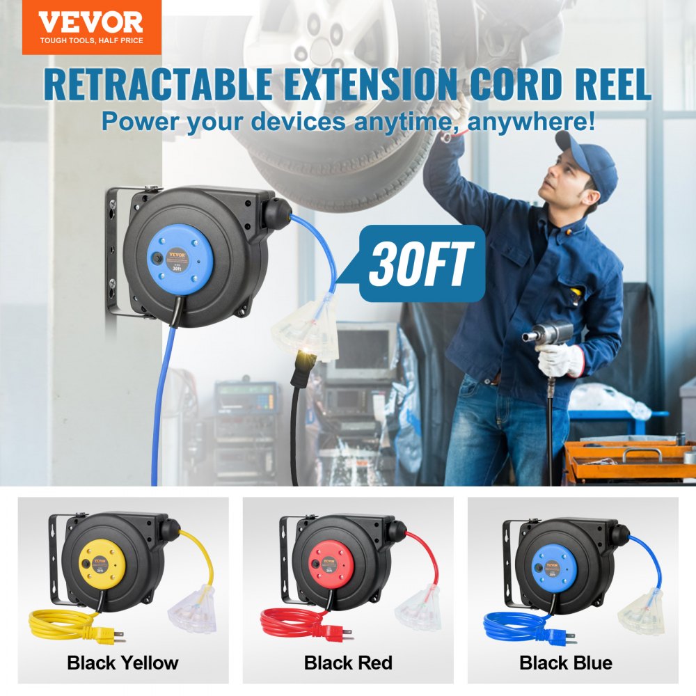 VEVOR Retractable Extension Cord Reel, 30 FT, Heavy Duty 16AWG/3C SJTOW Retractable Power Cord Reel with Lighted Triple Tap Outlet 10 Amp Circuit Breaker 4.5FT Lead-in Cord, for Ceiling or Wall Mount