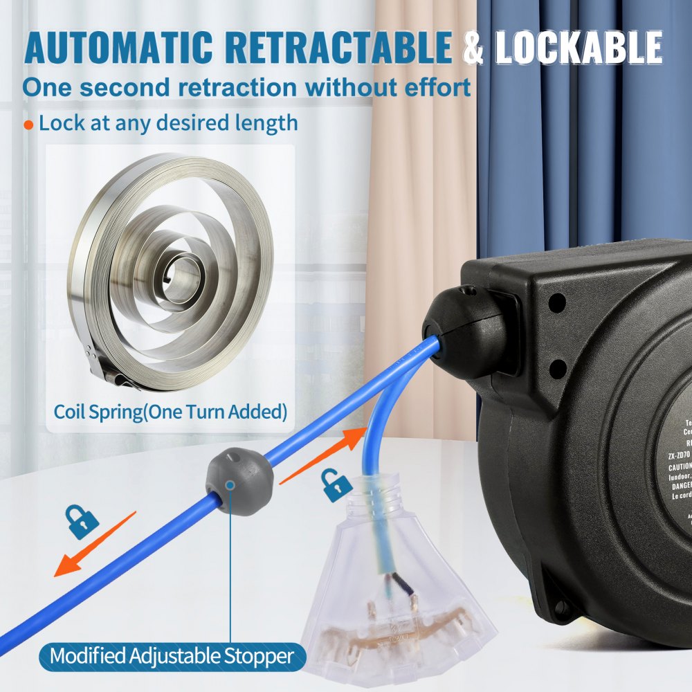 VEVOR Retractable Extension Cord Reel, 30 FT, Heavy Duty 16AWG/3C SJTOW Retractable Power Cord Reel with Lighted Triple Tap Outlet 10 Amp Circuit Breaker 4.5FT Lead-in Cord, for Ceiling or Wall Mount