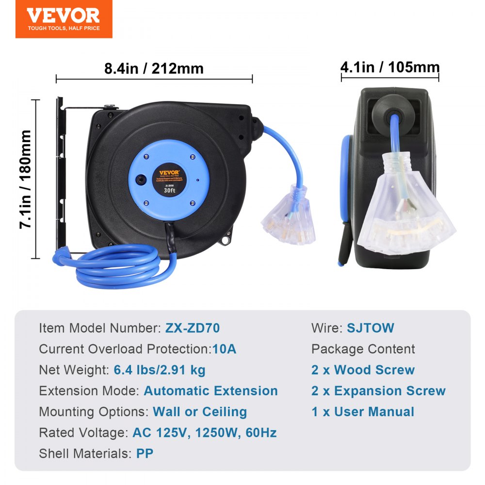 VEVOR Retractable Extension Cord Reel, 30 FT, Heavy Duty 16AWG/3C SJTOW Retractable Power Cord Reel with Lighted Triple Tap Outlet 10 Amp Circuit Breaker 4.5FT Lead-in Cord, for Ceiling or Wall Mount