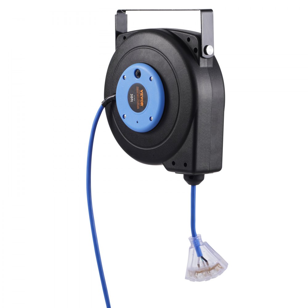 VEVOR Retractable Extension Cord Reel, 30 FT, Heavy Duty 16AWG/3C SJTOW Retractable Power Cord Reel with Lighted Triple Tap Outlet 10 Amp Circuit Breaker 4.5FT Lead-in Cord, for Ceiling or Wall Mount