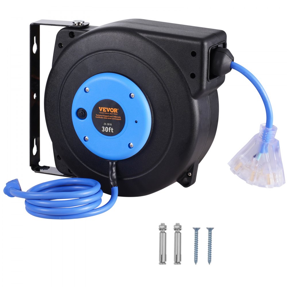 VEVOR Retractable Extension Cord Reel, 30 FT, Heavy Duty 16AWG/3C SJTOW Retractable Power Cord Reel with Lighted Triple Tap Outlet 10 Amp Circuit Breaker 4.5FT Lead-in Cord, for Ceiling or Wall Mount