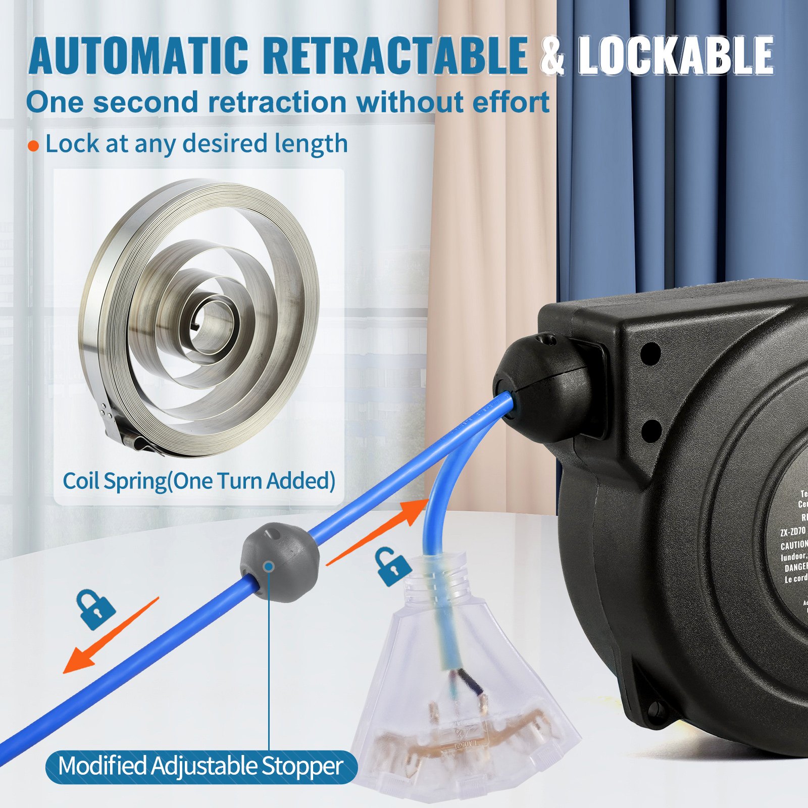 VEVOR Retractable Extension Cord Reel, 30 FT, Heavy Duty 16AWG/3C SJTOW Retractable Power Cord Reel with Lighted Triple Tap Outlet 10 Amp Circuit Breaker 4.5FT Lead-in Cord, for Ceiling or Wall Mount