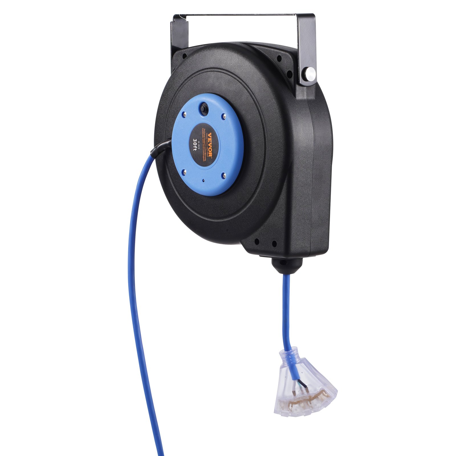VEVOR Retractable Extension Cord Reel, 30 FT, Heavy Duty 16AWG/3C SJTOW Retractable Power Cord Reel with Lighted Triple Tap Outlet 10 Amp Circuit Breaker 4.5FT Lead-in Cord, for Ceiling or Wall Mount