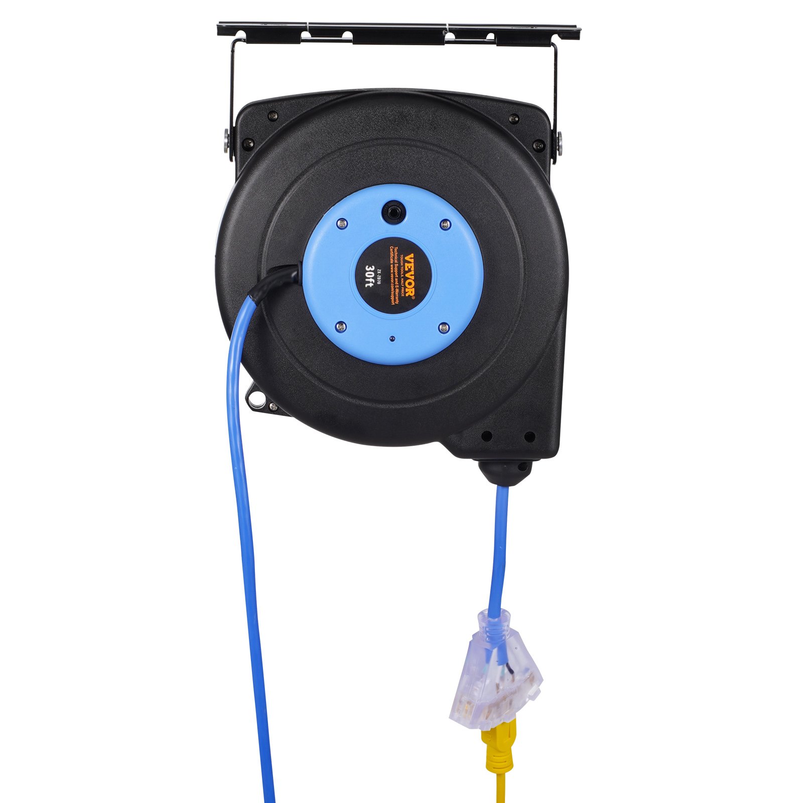VEVOR Retractable Extension Cord Reel, 30 FT, Heavy Duty 16AWG/3C SJTOW Retractable Power Cord Reel with Lighted Triple Tap Outlet 10 Amp Circuit Breaker 4.5FT Lead-in Cord, for Ceiling or Wall Mount