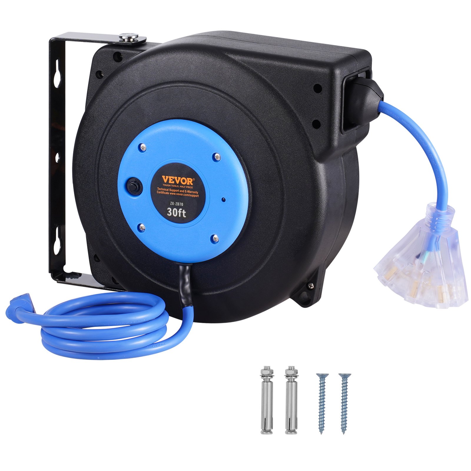 VEVOR Retractable Extension Cord Reel, 30 FT, Heavy Duty 16AWG/3C SJTOW Retractable Power Cord Reel with Lighted Triple Tap Outlet 10 Amp Circuit Breaker 4.5FT Lead-in Cord, for Ceiling or Wall Mount