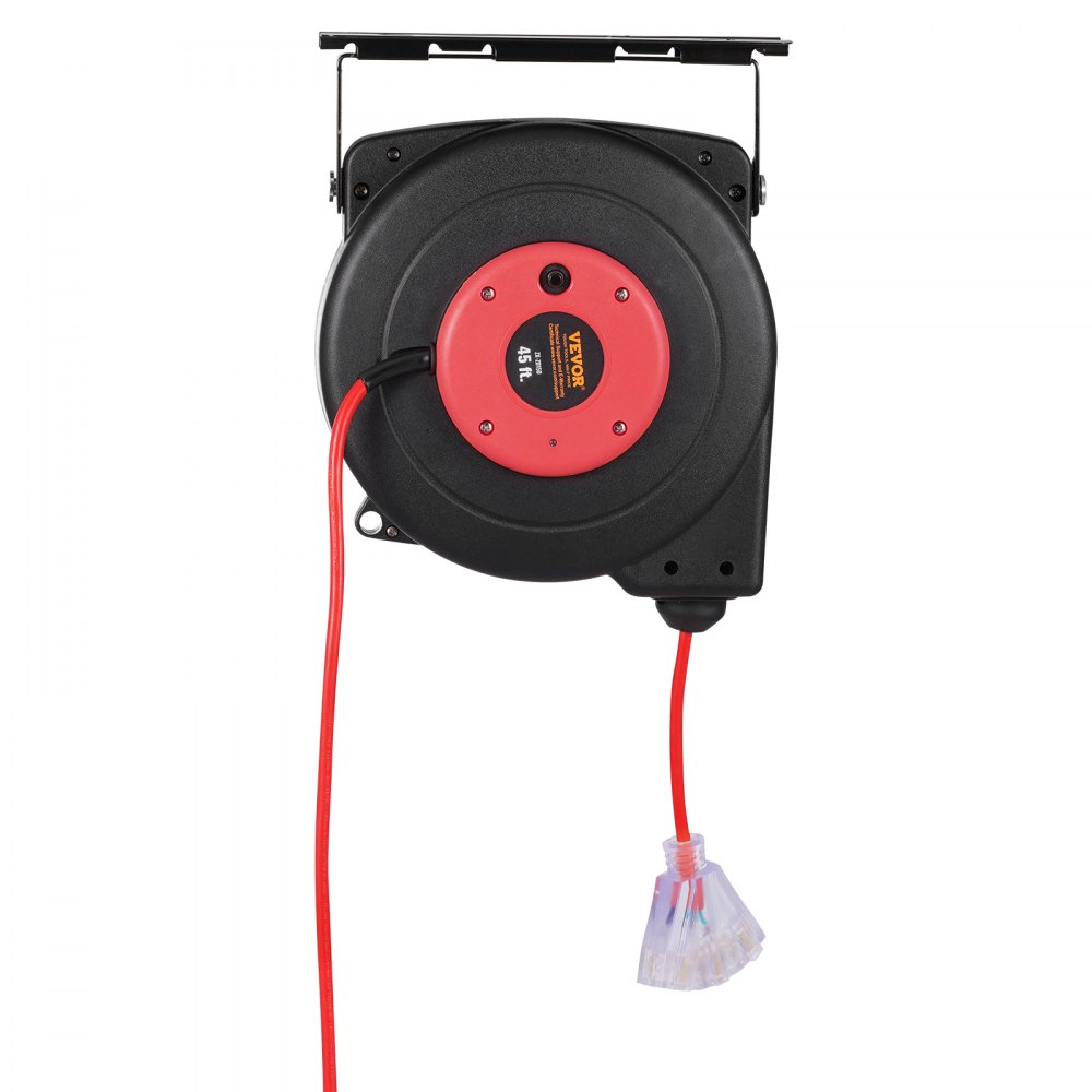 VEVOR Retractable Extension Cord Reel, 45 FT, Heavy Duty 12AWG/3C SJTOW Retractable Power Cord with Lighted Triple Tap Outlet, 15 Amp Circuit Breaker 180° Swivel Bracket for Ceiling or Wall Mount