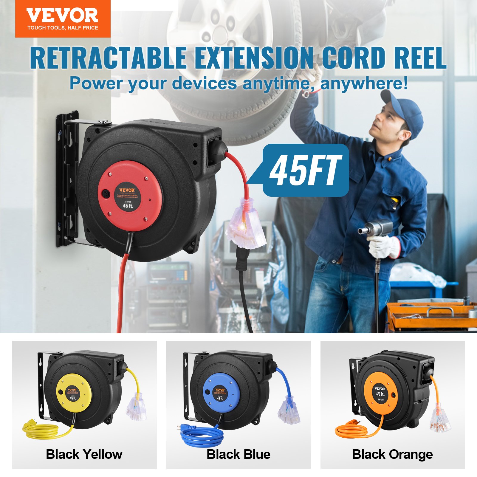 VEVOR Retractable Extension Cord Reel, 45 FT, Heavy Duty 12AWG/3C SJTOW Retractable Power Cord with Lighted Triple Tap Outlet, 15 Amp Circuit Breaker 180° Swivel Bracket for Ceiling or Wall Mount