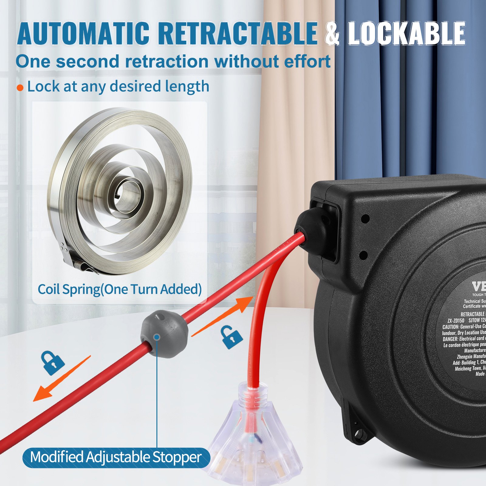VEVOR Retractable Extension Cord Reel, 45 FT, Heavy Duty 12AWG/3C SJTOW Retractable Power Cord with Lighted Triple Tap Outlet, 15 Amp Circuit Breaker 180° Swivel Bracket for Ceiling or Wall Mount