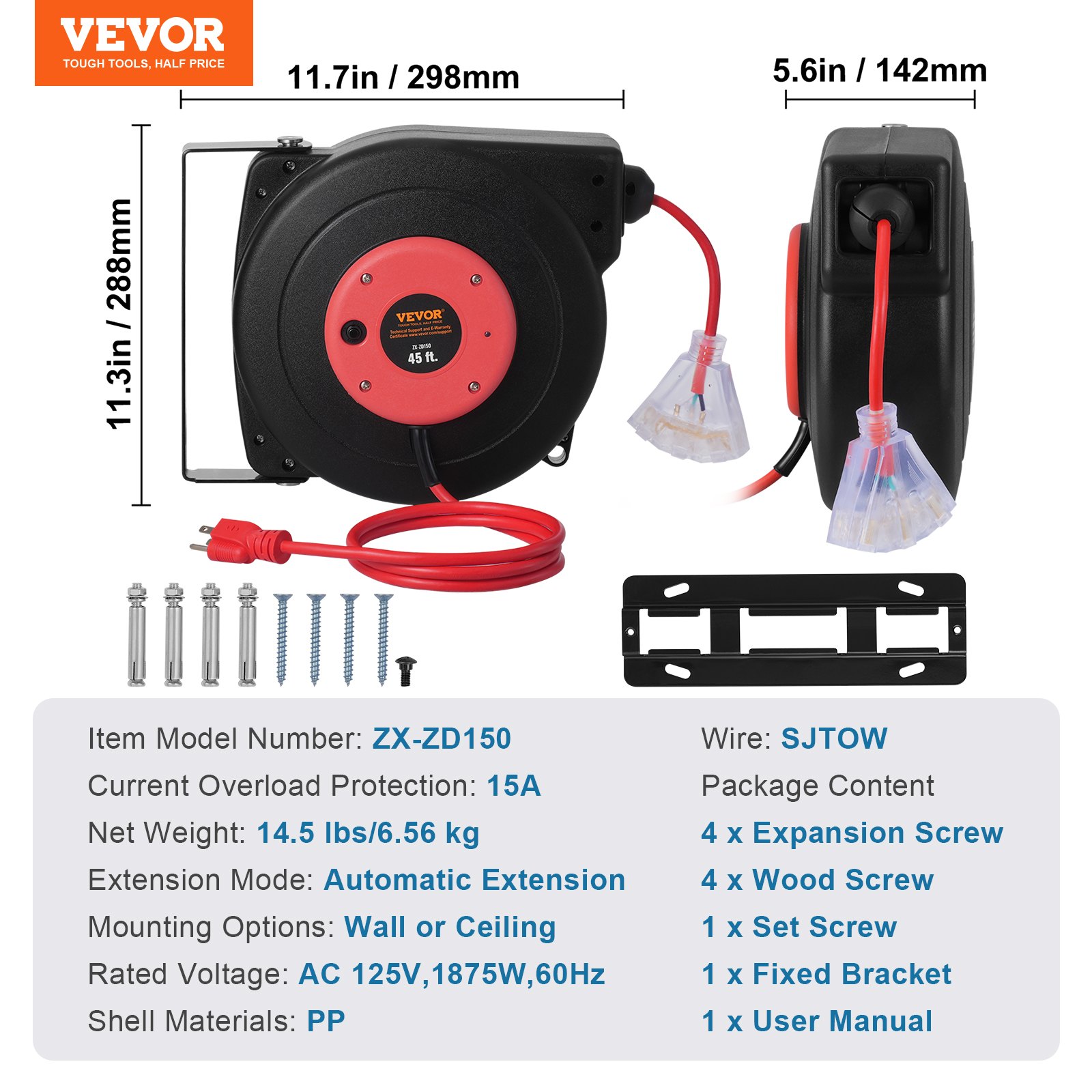 VEVOR Retractable Extension Cord Reel, 45 FT, Heavy Duty 12AWG/3C SJTOW Retractable Power Cord with Lighted Triple Tap Outlet, 15 Amp Circuit Breaker 180° Swivel Bracket for Ceiling or Wall Mount