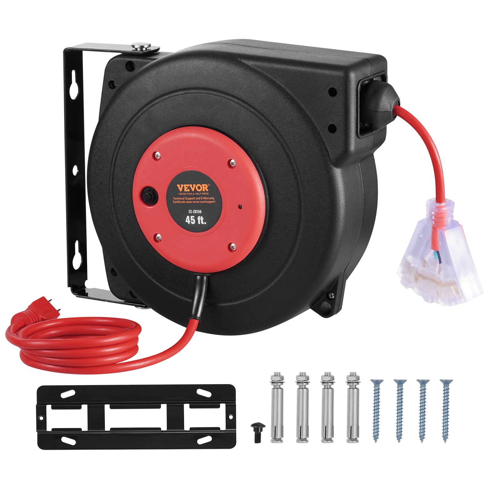 VEVOR Retractable Extension Cord Reel, 45 FT, Heavy Duty 12AWG/3C SJTOW Retractable Power Cord with Lighted Triple Tap Outlet, 15 Amp Circuit Breaker 180° Swivel Bracket for Ceiling or Wall Mount