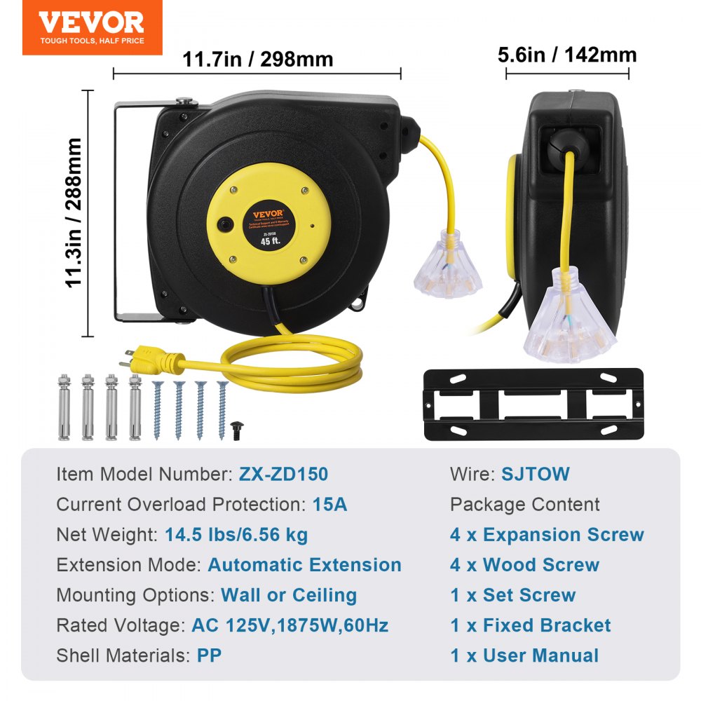 VEVOR Retractable Extension Cord Reel, 45 FT, Heavy Duty 12AWG/3C SJTOW Retractable Power Cord with Lighted Triple Tap Outlet, 15 Amp Circuit Breaker 180° Swivel Bracket for Ceiling or Wall Mount