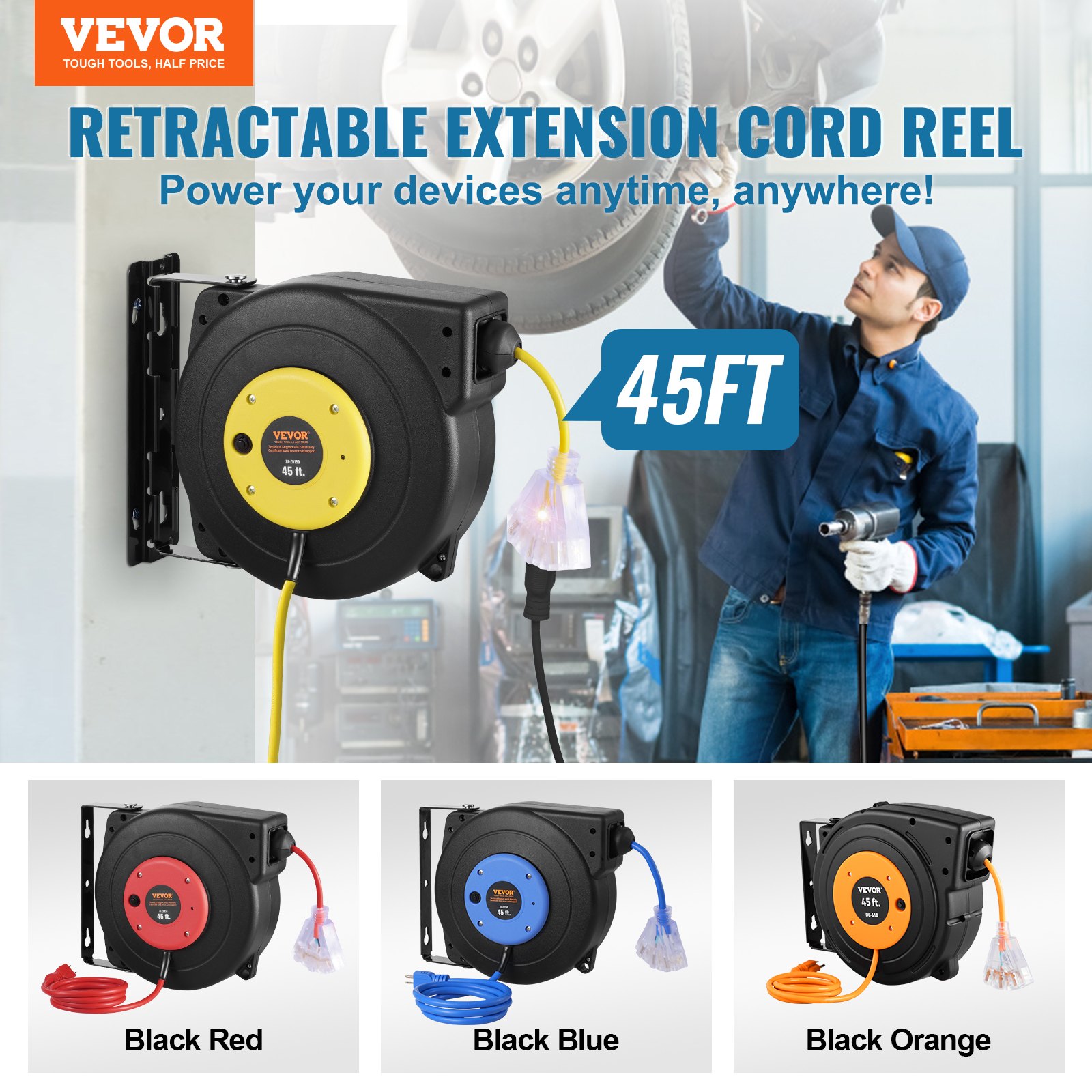 VEVOR Retractable Extension Cord Reel, 45 FT, Heavy Duty 12AWG/3C SJTOW Retractable Power Cord with Lighted Triple Tap Outlet, 15 Amp Circuit Breaker 180° Swivel Bracket for Ceiling or Wall Mount
