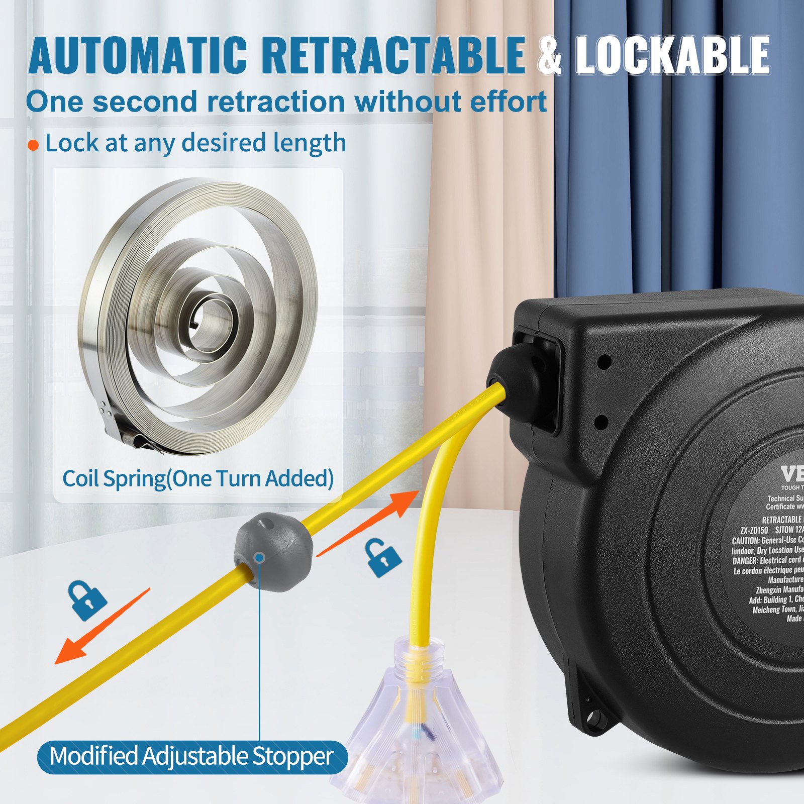 VEVOR Retractable Extension Cord Reel, 45 FT, Heavy Duty 12AWG/3C SJTOW Retractable Power Cord with Lighted Triple Tap Outlet, 15 Amp Circuit Breaker 180° Swivel Bracket for Ceiling or Wall Mount