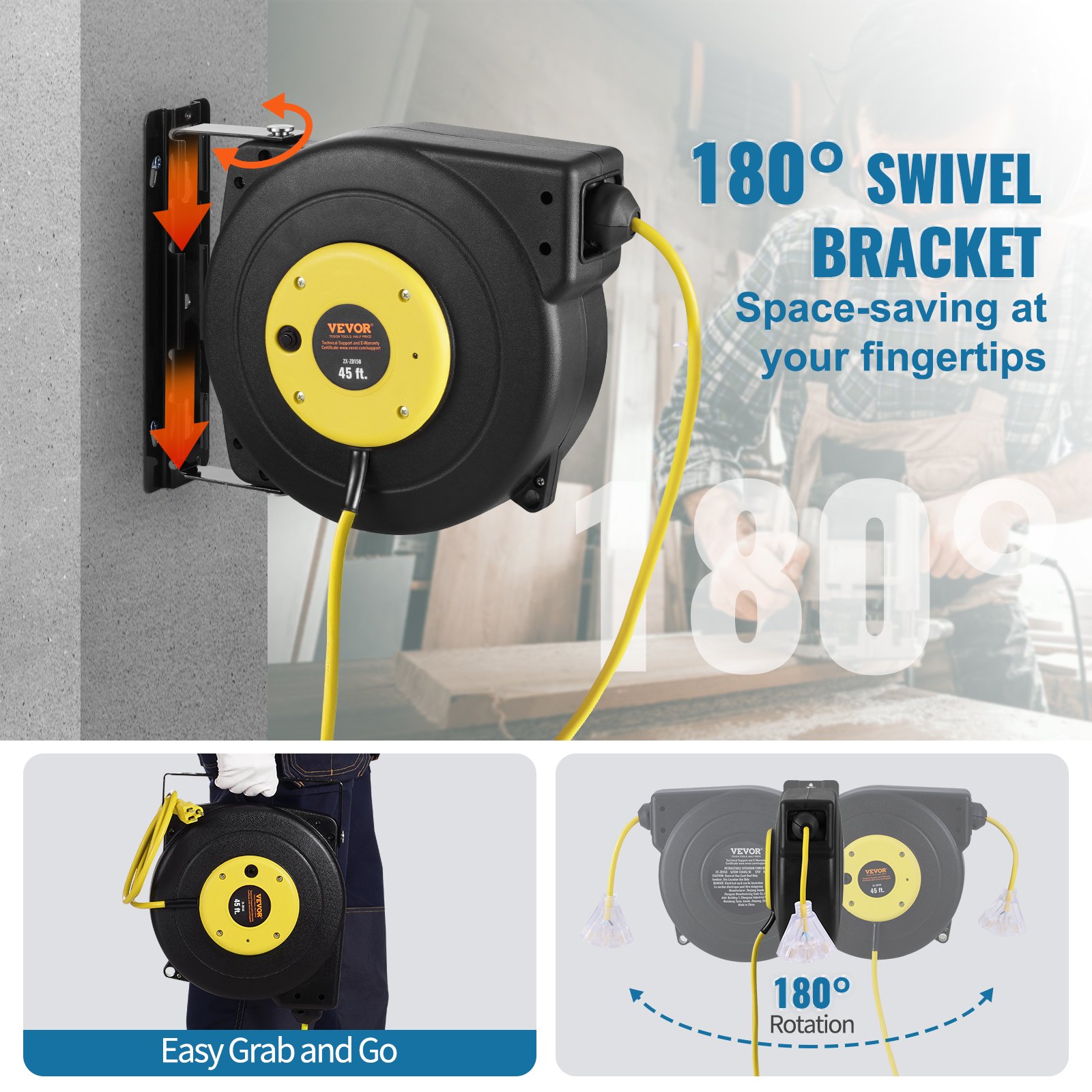 VEVOR Retractable Extension Cord Reel, 45 FT, Heavy Duty 12AWG/3C SJTOW Retractable Power Cord with Lighted Triple Tap Outlet, 15 Amp Circuit Breaker 180° Swivel Bracket for Ceiling or Wall Mount
