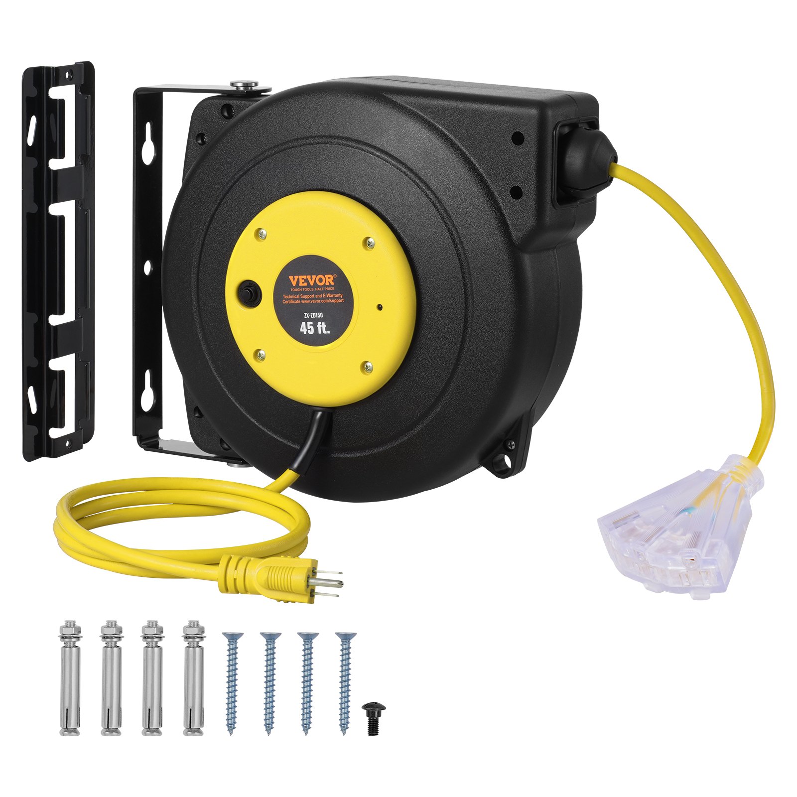 VEVOR Retractable Extension Cord Reel, 45 FT, Heavy Duty 12AWG/3C SJTOW Retractable Power Cord with Lighted Triple Tap Outlet, 15 Amp Circuit Breaker 180° Swivel Bracket for Ceiling or Wall Mount