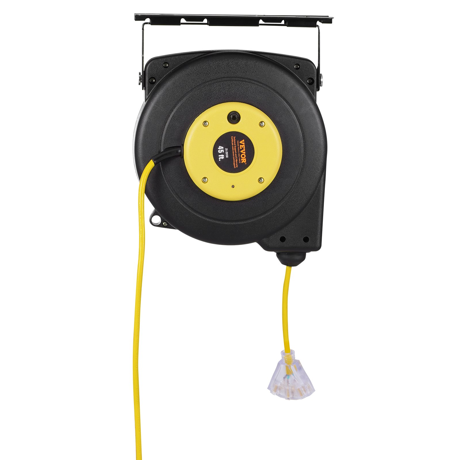 VEVOR Retractable Extension Cord Reel, 45 FT, Heavy Duty 12AWG/3C SJTOW Retractable Power Cord with Lighted Triple Tap Outlet, 15 Amp Circuit Breaker 180° Swivel Bracket for Ceiling or Wall Mount