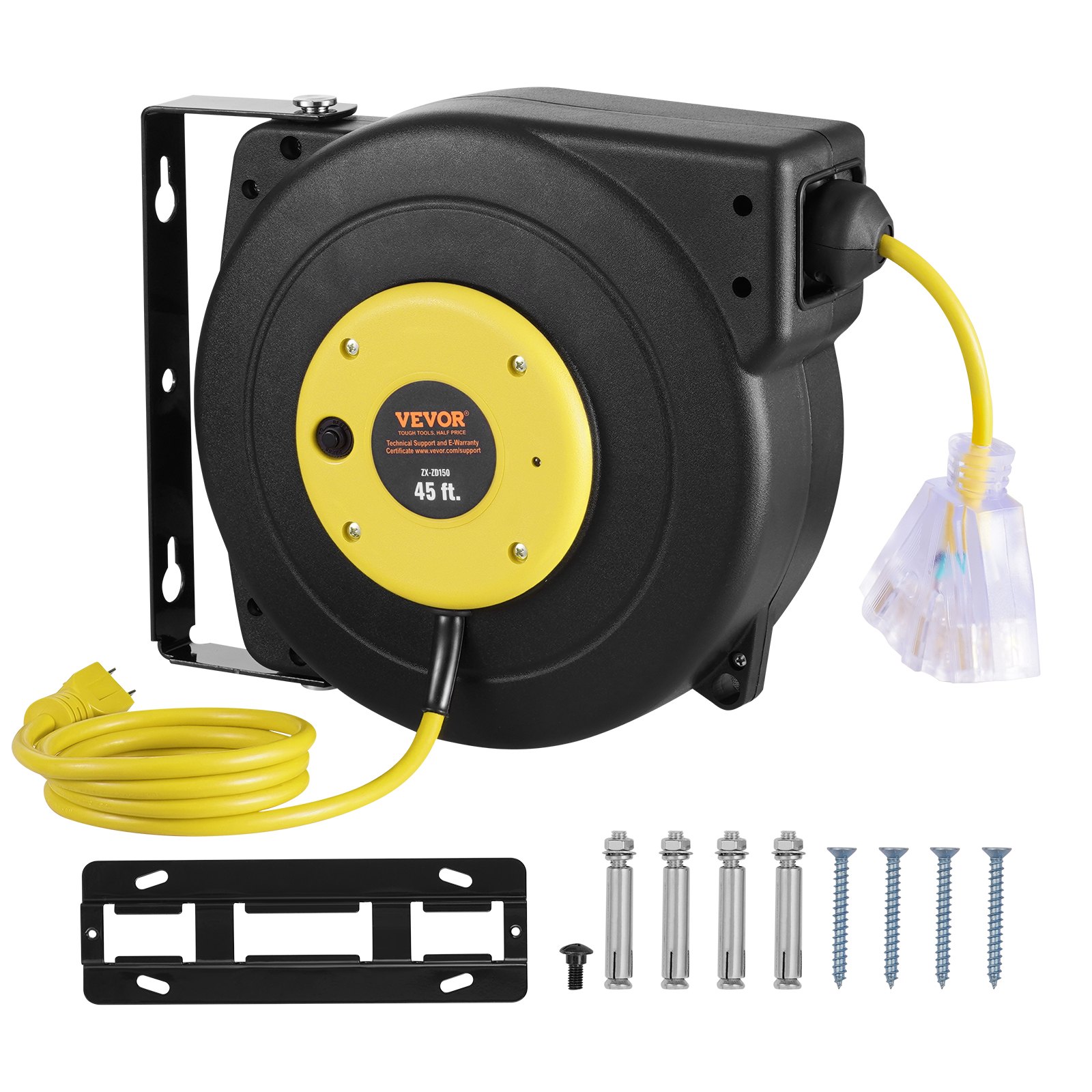 VEVOR Retractable Extension Cord Reel, 45 FT, Heavy Duty 12AWG/3C SJTOW Retractable Power Cord with Lighted Triple Tap Outlet, 15 Amp Circuit Breaker 180° Swivel Bracket for Ceiling or Wall Mount