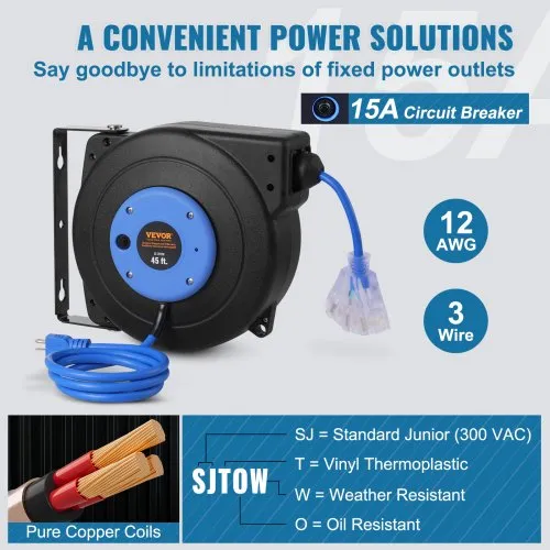 VEVOR 45FT Retractable Extension Cord Reel - 12AWG Heavy Duty With 3 Outlets, 15A Breaker, Swivel Bracket