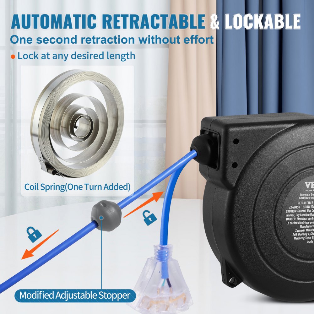 VEVOR Retractable Extension Cord Reel, 45 FT, Heavy Duty 12AWG/3C SJTOW Retractable Power Cord with Lighted Triple Tap Outlet, 15 Amp Circuit Breaker 180° Swivel Bracket for Ceiling or Wall Mount