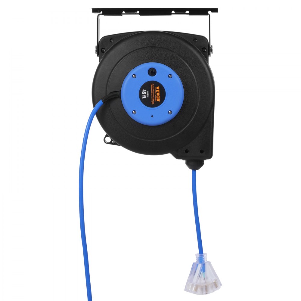 VEVOR Retractable Extension Cord Reel, 45 FT, Heavy Duty 12AWG/3C SJTOW Retractable Power Cord with Lighted Triple Tap Outlet, 15 Amp Circuit Breaker 180° Swivel Bracket for Ceiling or Wall Mount