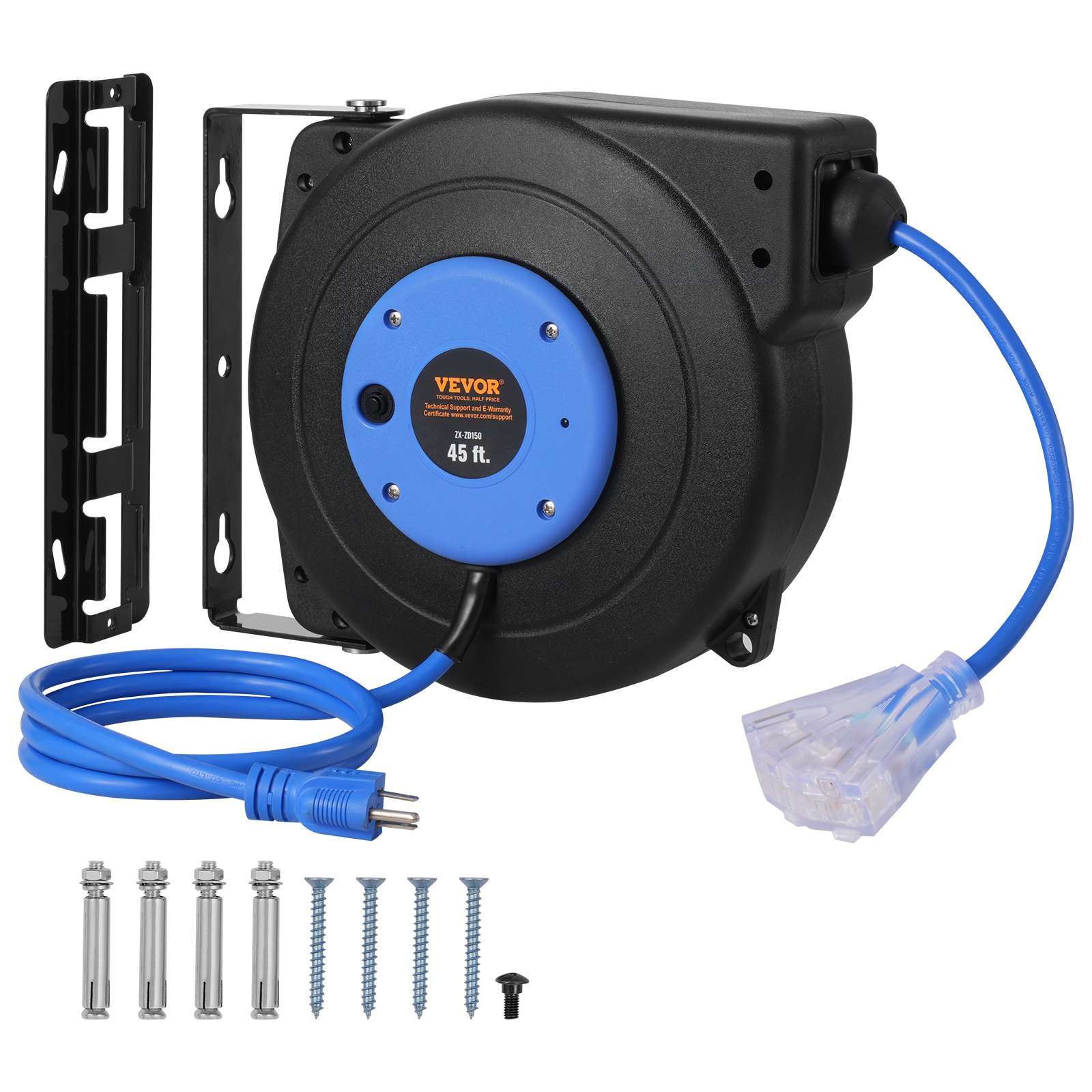 VEVOR Retractable Extension Cord Reel, 45 FT, Heavy Duty 12AWG/3C SJTOW Retractable Power Cord with Lighted Triple Tap Outlet, 15 Amp Circuit Breaker 180° Swivel Bracket for Ceiling or Wall Mount