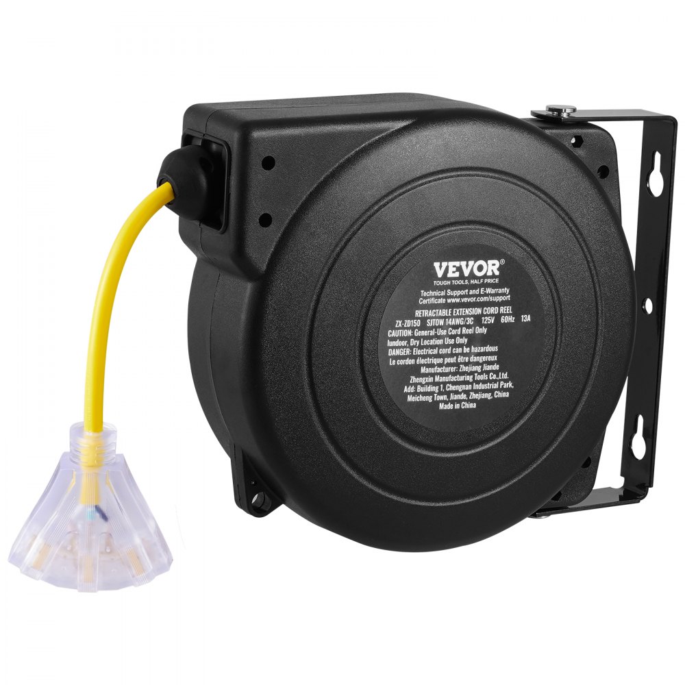 VEVOR Retractable Extension Cord Reel, 50 FT, Heavy Duty 14AWG/3C SJTOW Retractable Power Cord with Lighted Triple Tap Outlet, 13 Amp Circuit Breaker 180° Swivel Bracket for Ceiling or Wall Mount