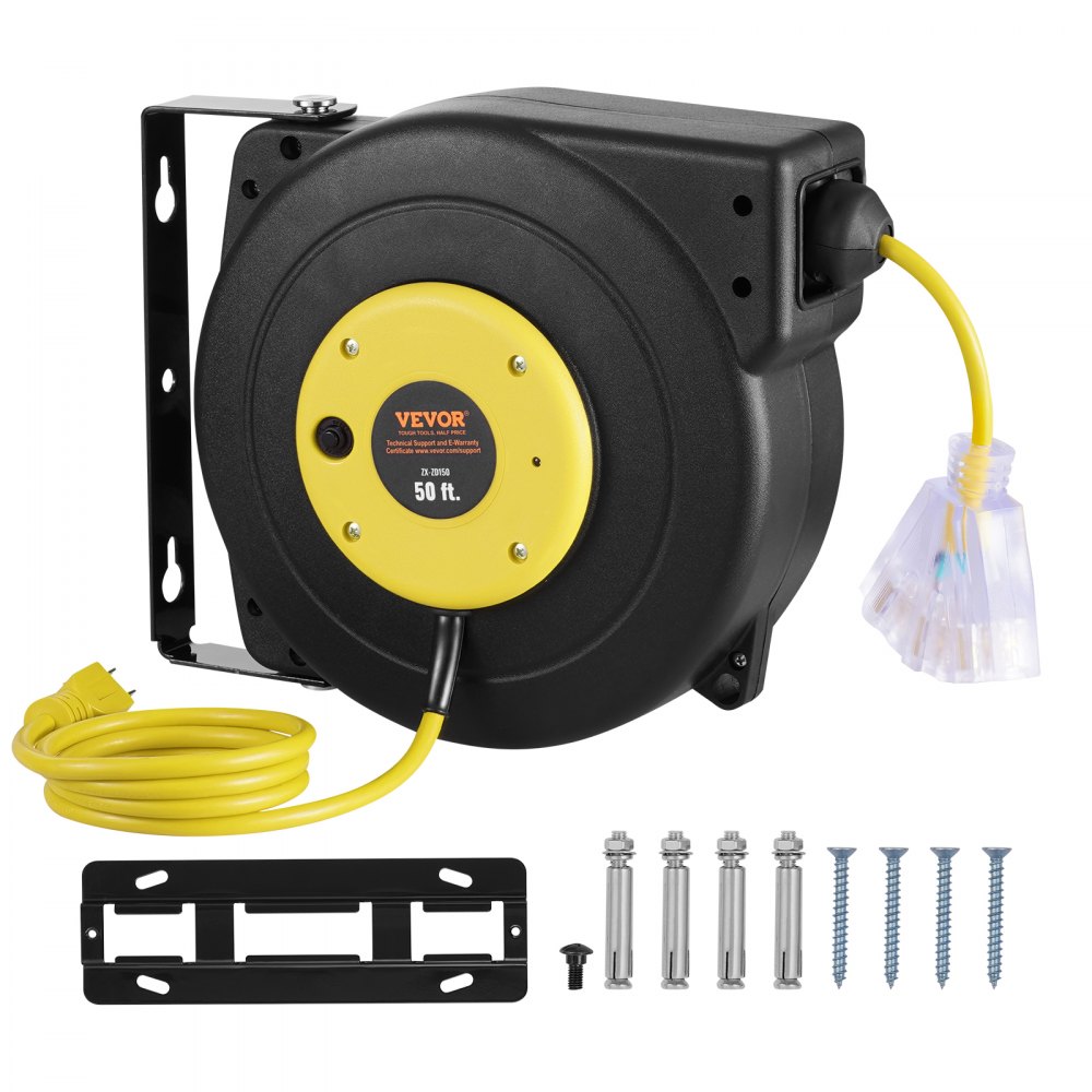 VEVOR Retractable Extension Cord Reel, 50 FT, Heavy Duty 14AWG/3C SJTOW Retractable Power Cord with Lighted Triple Tap Outlet, 13 Amp Circuit Breaker 180° Swivel Bracket for Ceiling or Wall Mount