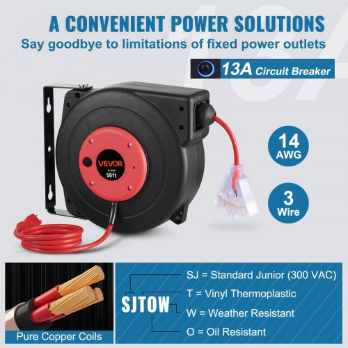 thumbnail image 2 of VEVOR 50Ft Retractable Extension Cord Reel – 14AWG/3C SJTOW, CR143OW50FT 2 of 4