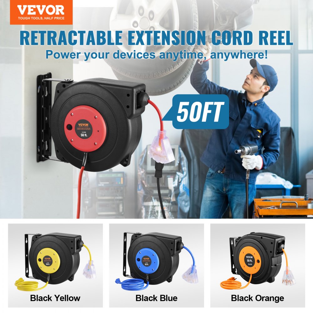 VEVOR Retractable Extension Cord Reel, 50 FT, Heavy Duty 14AWG/3C SJTOW Retractable Power Cord with Lighted Triple Tap Outlet, 13 Amp Circuit Breaker 180° Swivel Bracket for Ceiling or Wall Mount