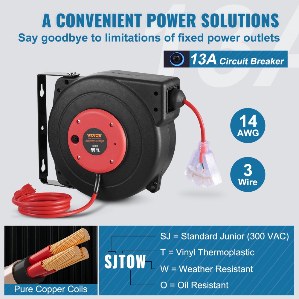 VEVOR Retractable Extension Cord Reel, 50 FT, Heavy Duty 14AWG/3C SJTOW Retractable Power Cord with Lighted Triple Tap Outlet, 13 Amp Circuit Breaker 180° Swivel Bracket for Ceiling or Wall Mount