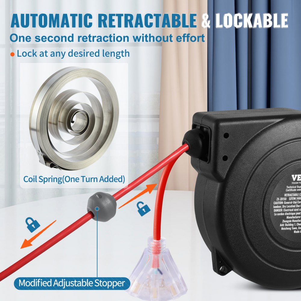 VEVOR Retractable Extension Cord Reel, 50 FT, Heavy Duty 14AWG/3C SJTOW Retractable Power Cord with Lighted Triple Tap Outlet, 13 Amp Circuit Breaker 180° Swivel Bracket for Ceiling or Wall Mount