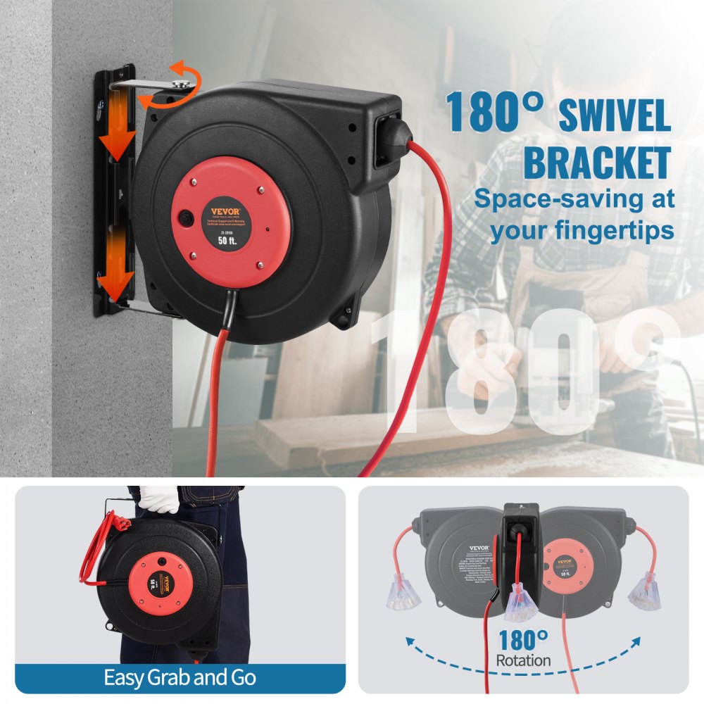 VEVOR Retractable Extension Cord Reel, 50 FT, Heavy Duty 14AWG/3C SJTOW Retractable Power Cord with Lighted Triple Tap Outlet, 13 Amp Circuit Breaker 180° Swivel Bracket for Ceiling or Wall Mount