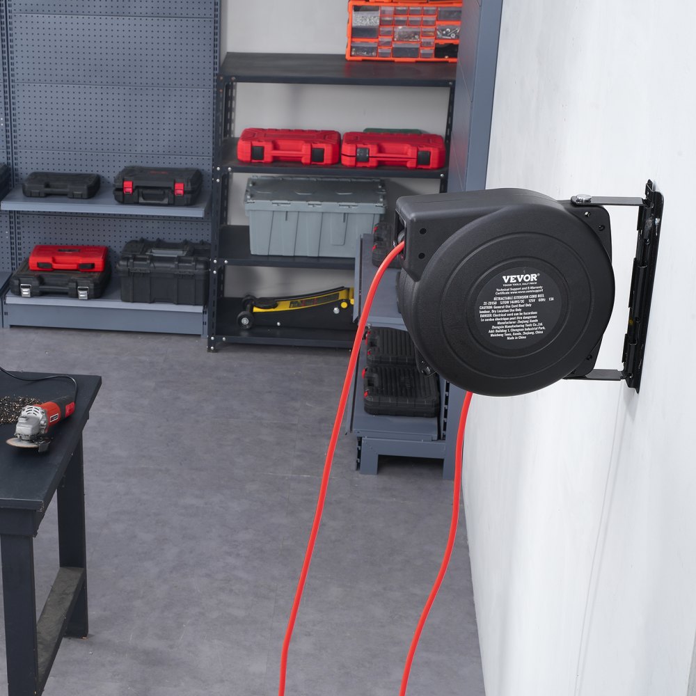VEVOR Retractable Extension Cord Reel, 50 FT, Heavy Duty 14AWG/3C SJTOW Retractable Power Cord with Lighted Triple Tap Outlet, 13 Amp Circuit Breaker 180° Swivel Bracket for Ceiling or Wall Mount