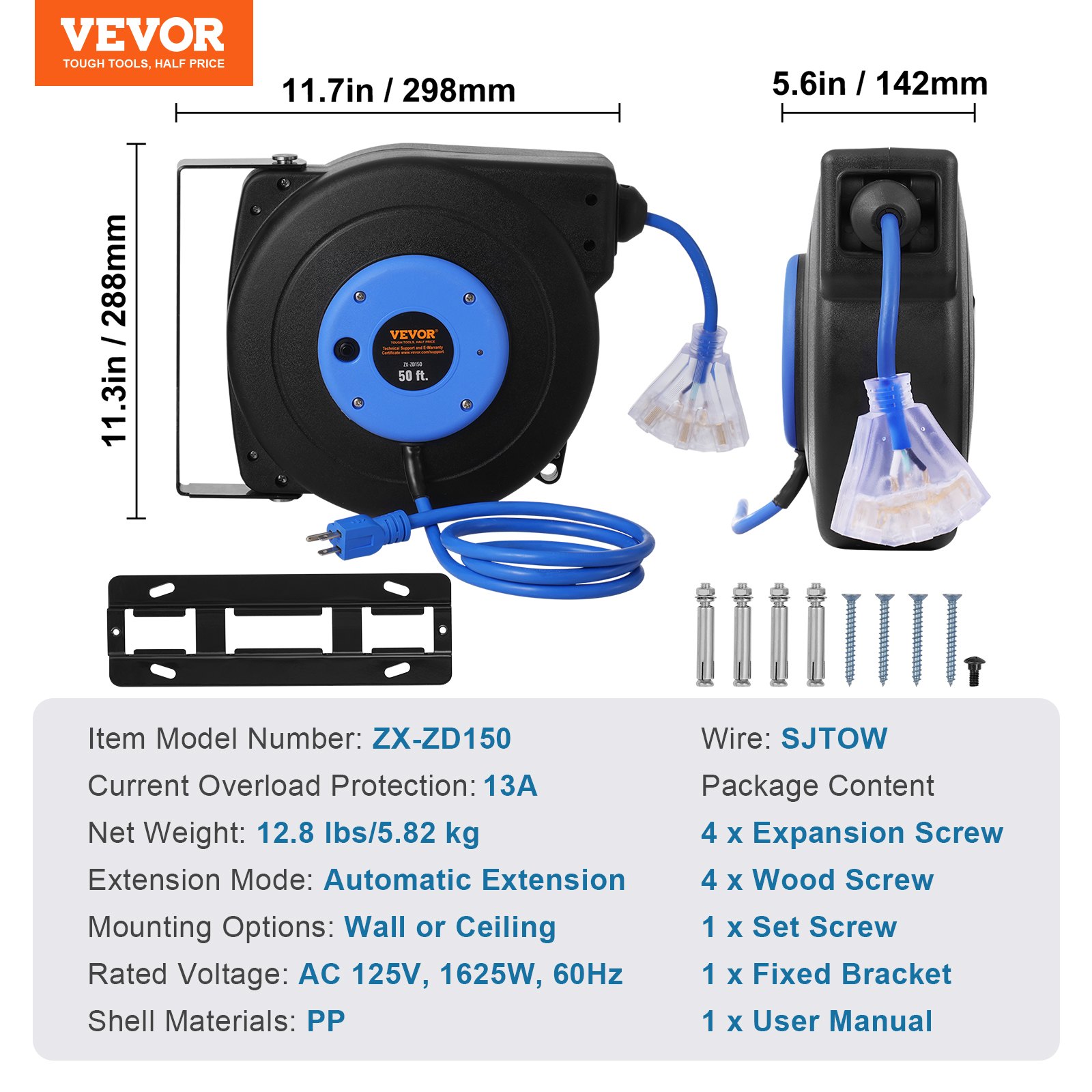 VEVOR Retractable Extension Cord Reel, 50 FT, Heavy Duty 14AWG/3C SJTOW Retractable Power Cord with Lighted Triple Tap Outlet, 13 Amp Circuit Breaker 180° Swivel Bracket for Ceiling or Wall Mount