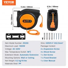 VEVOR Retractable Extension Cord Reel Power Cord Reel 19m 1600W 1m Lead-in Cord