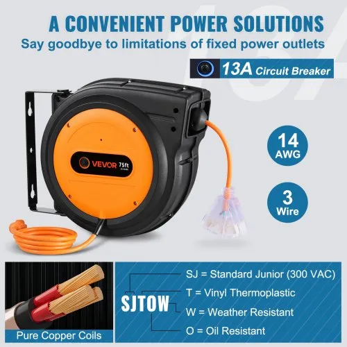 75 ft. 14/3 13 Amp Retractable Extension Cord Reel Heavy Duty SJTOW Power Cord with Lighted Triple Tap Outlet 75 ft. 14/3 13 Amp Retractable Extension Cord Reel Heavy Duty SJTOW Power Cord with Lighted Triple Tap Outlet