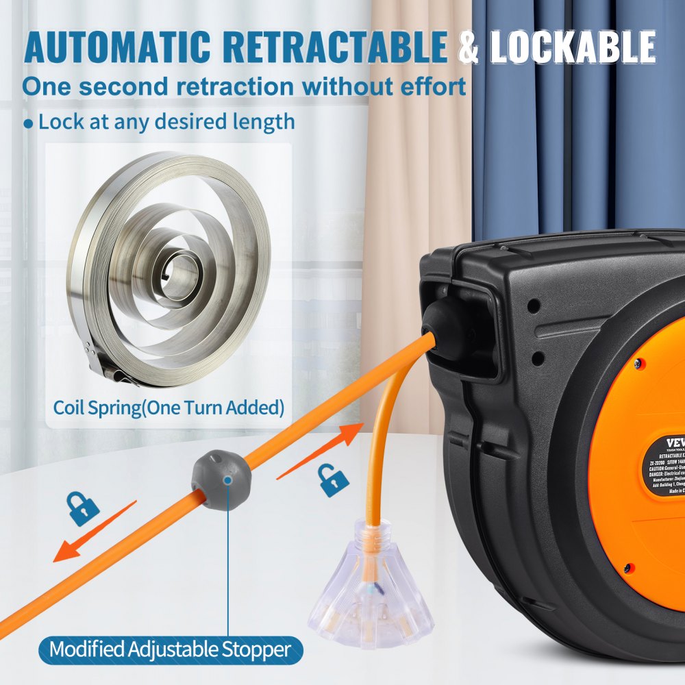 VEVOR Retractable Extension Cord Reel, 75 FT, Heavy Duty 14AWG/3C SJTOW Retractable Power Cord with Lighted Triple Tap Outlet, 13 Amp Circuit Breaker 180° Swivel Bracket for Ceiling or Wall Mount
