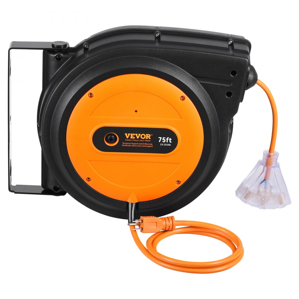 VEVOR Retractable Extension Cord Reel, 75 FT, Heavy Duty 14AWG/3C SJTOW Retractable Power Cord with Lighted Triple Tap Outlet, 13 Amp Circuit Breaker 180° Swivel Bracket for Ceiling or Wall Mount