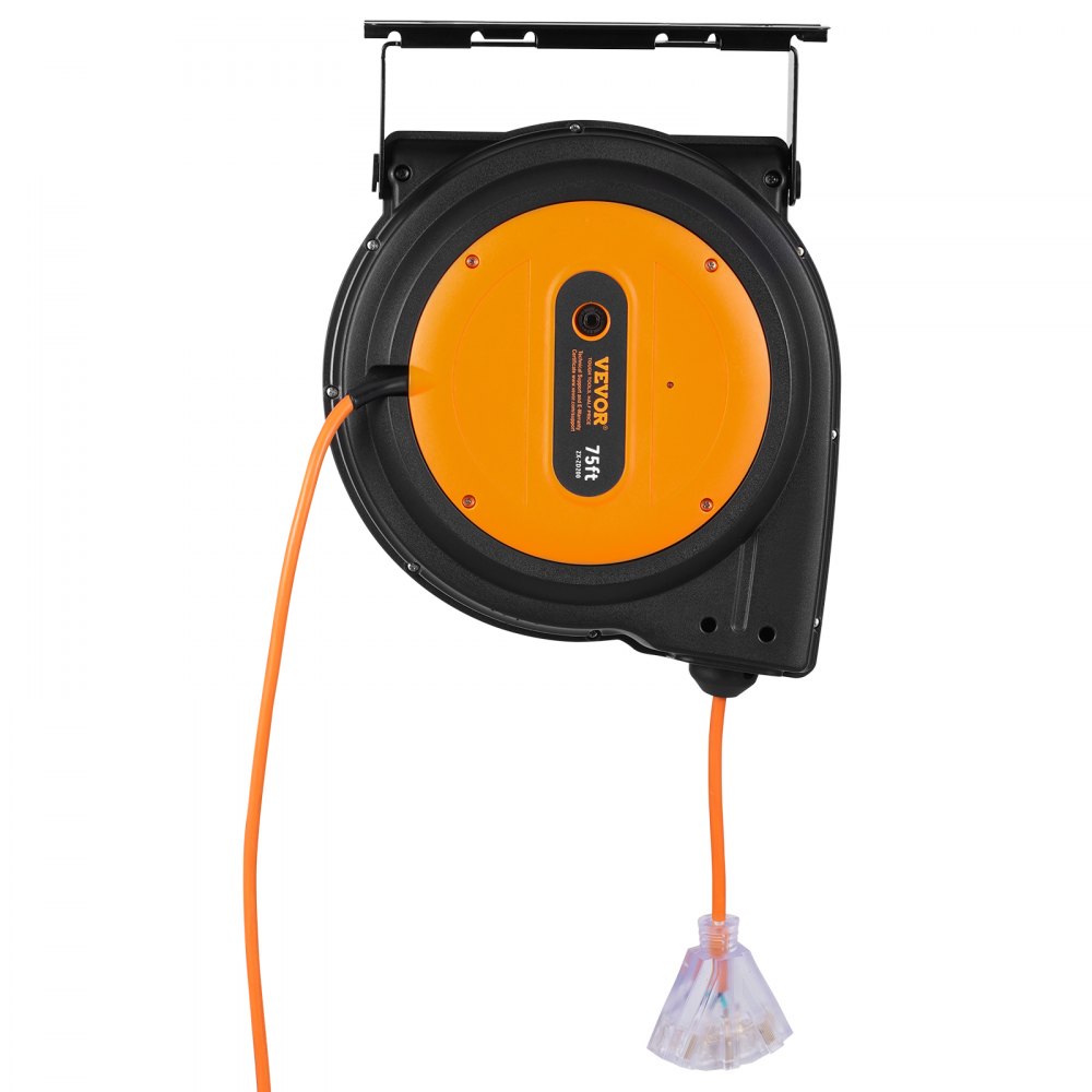 VEVOR Retractable Extension Cord Reel, 75 FT, Heavy Duty 14AWG/3C SJTOW Retractable Power Cord with Lighted Triple Tap Outlet, 13 Amp Circuit Breaker 180° Swivel Bracket for Ceiling or Wall Mount