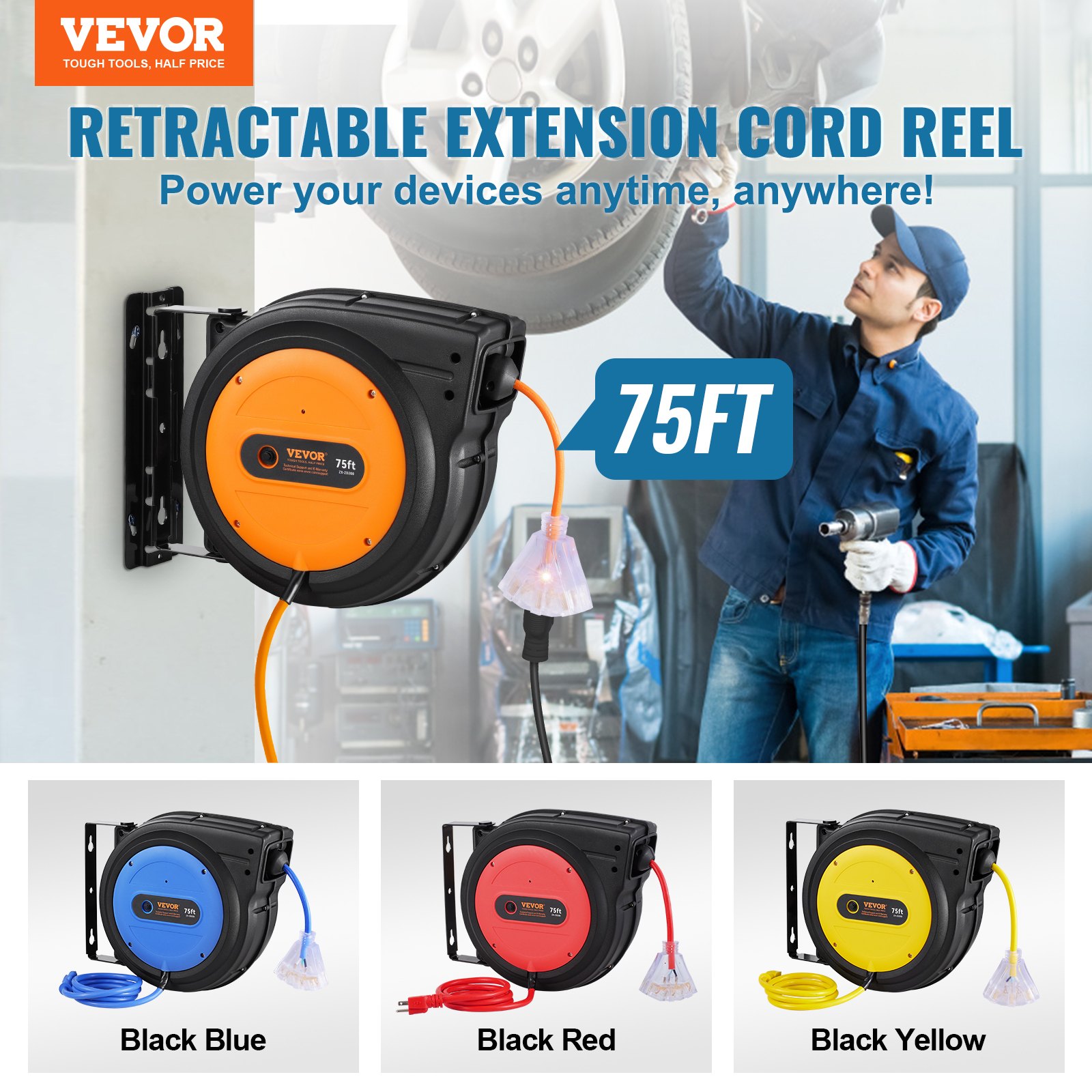 VEVOR Retractable Extension Cord Reel, 75 FT, Heavy Duty 14AWG/3C SJTOW Retractable Power Cord with Lighted Triple Tap Outlet, 13 Amp Circuit Breaker 180° Swivel Bracket for Ceiling or Wall Mount