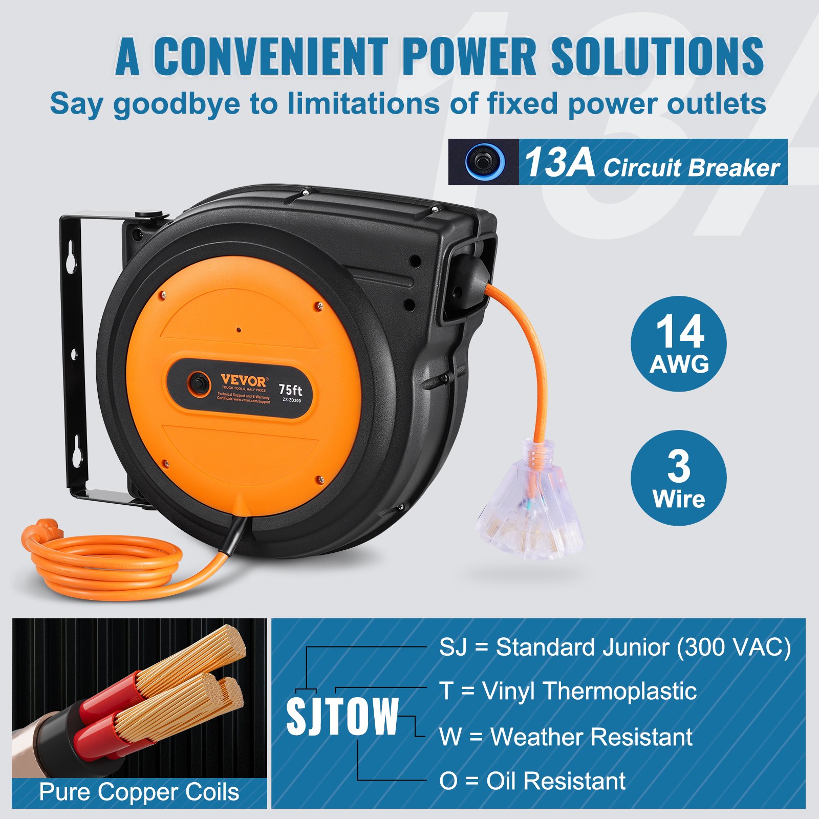 VEVOR Retractable Extension Cord Reel, 75 FT, Heavy Duty 14AWG/3C SJTOW Retractable Power Cord with Lighted Triple Tap Outlet, 13 Amp Circuit Breaker 180° Swivel Bracket for Ceiling or Wall Mount
