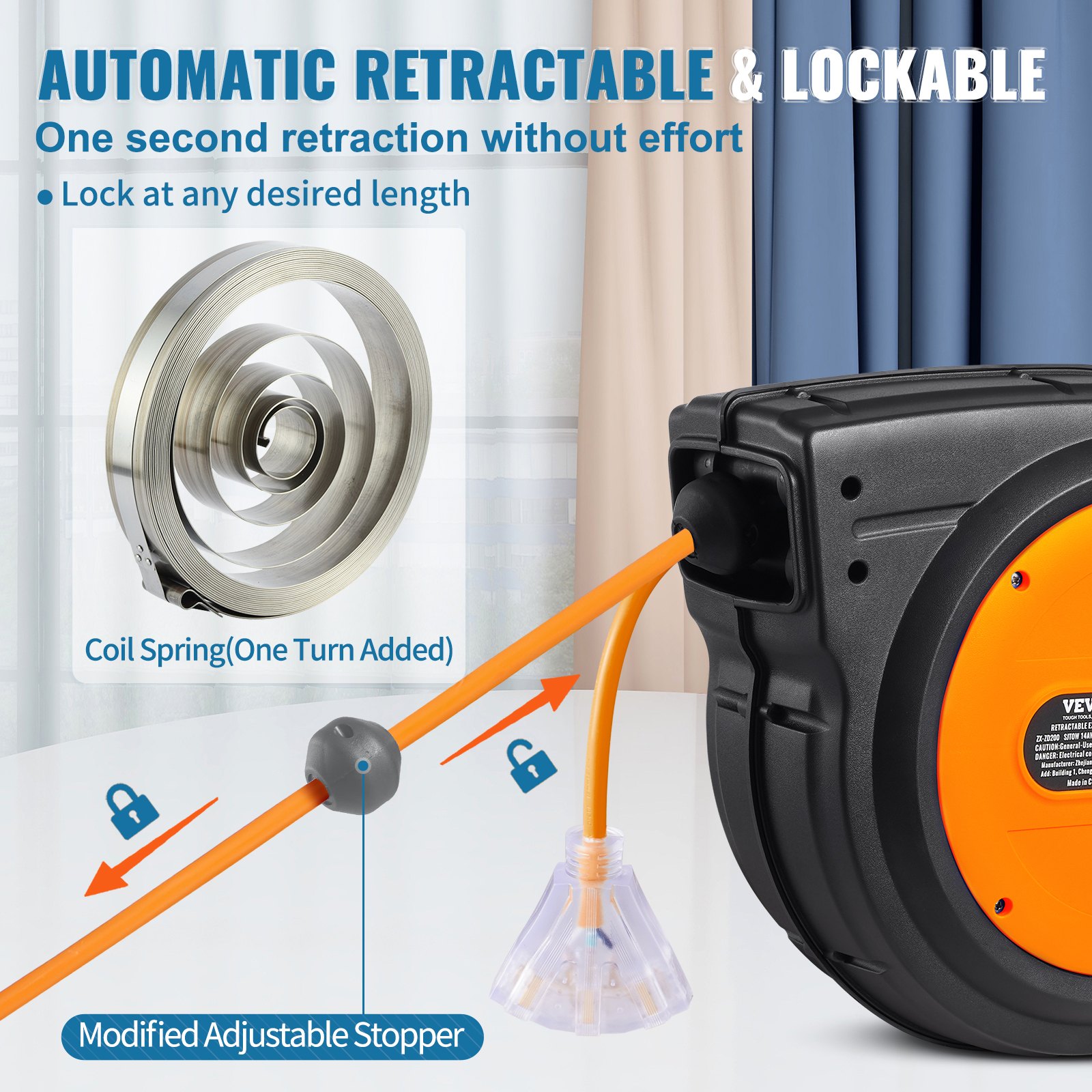 VEVOR Retractable Extension Cord Reel, 75 FT, Heavy Duty 14AWG/3C SJTOW Retractable Power Cord with Lighted Triple Tap Outlet, 13 Amp Circuit Breaker 180° Swivel Bracket for Ceiling or Wall Mount