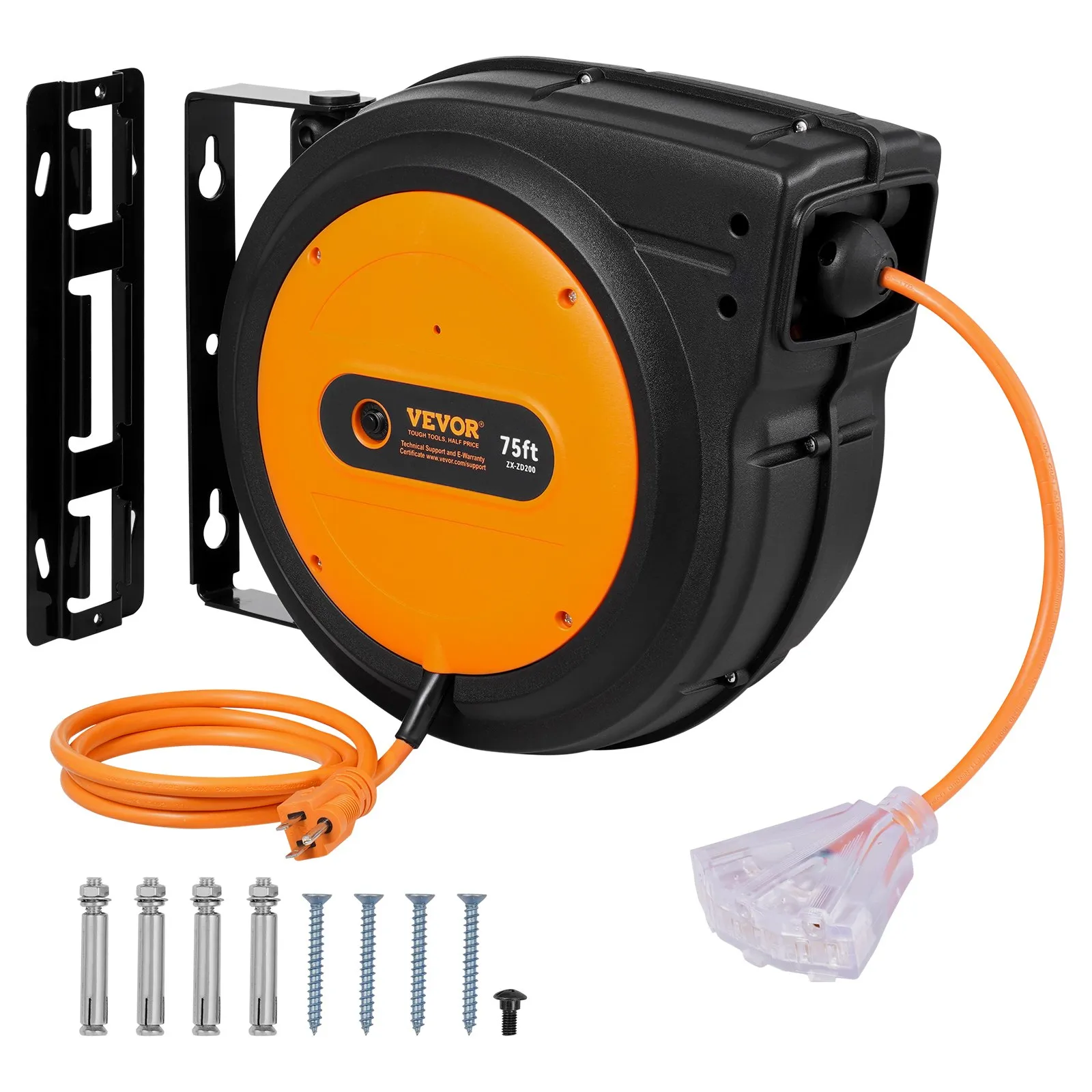 VEVOR Retractable Extension Cord Reel, 75 FT, Heavy Duty 14AWG/3C SJTOW Retractable Power Cord with Lighted Triple Tap Outlet, 13 Amp Circuit Breaker 180° Swivel Bracket for Ceiling or Wall Mount