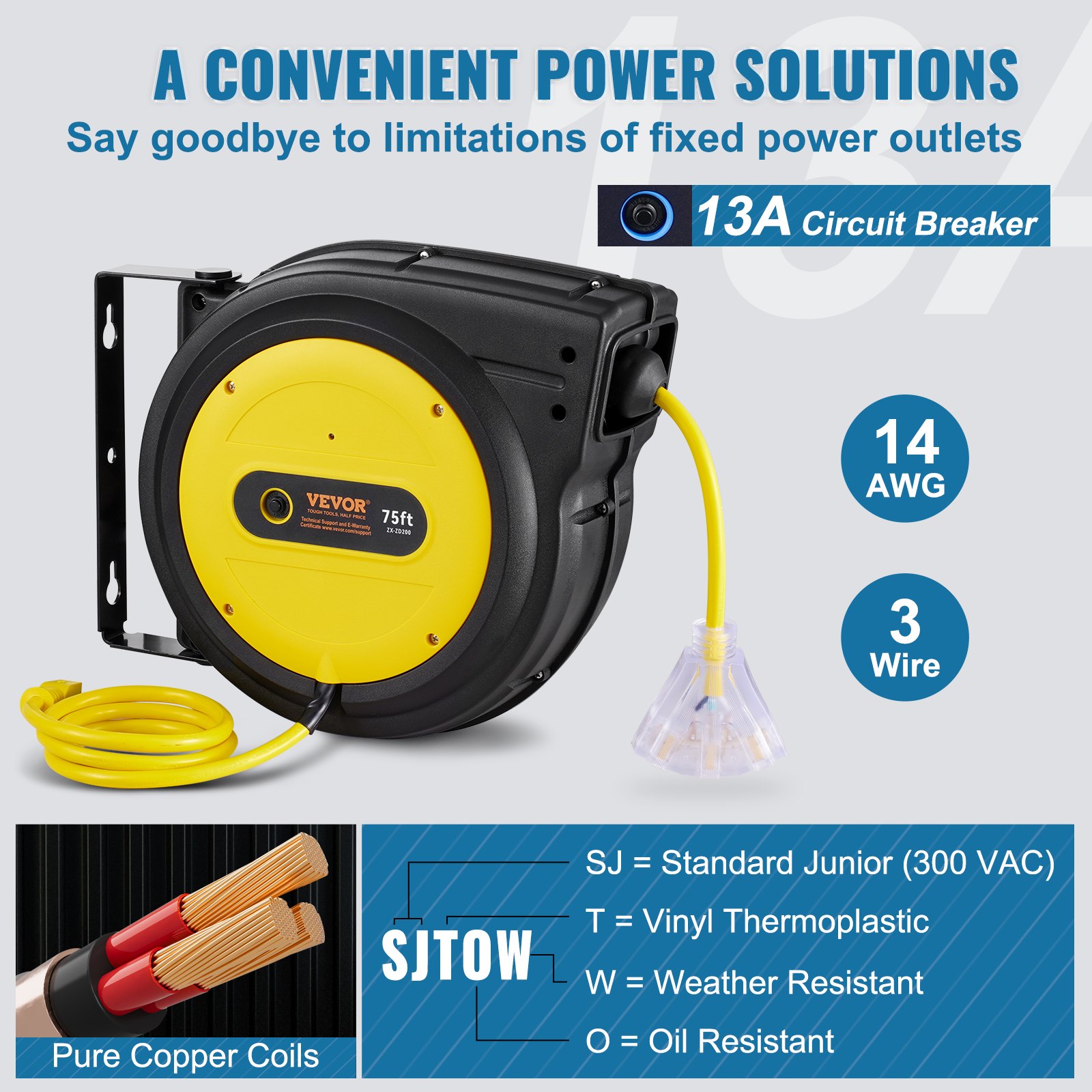 VEVOR Retractable Extension Cord Reel, 75 FT, Heavy Duty 14AWG/3C SJTOW Retractable Power Cord with Lighted Triple Tap Outlet, 13 Amp Circuit Breaker 180° Swivel Bracket for Ceiling or Wall Mount